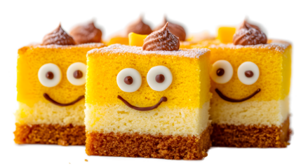 Three yellow and white cakes with smiling faces on them