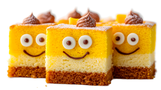Three yellow and white cakes with smiling faces on them