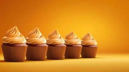 Five delightful cupcakes with cream frosting on a vibrant yellow background delicious