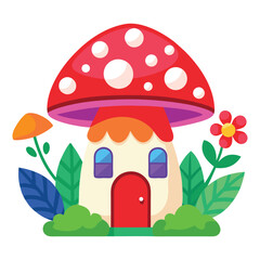 Whimsical Mushroom-Shaped House with Vibrant Colors and Nature Elements