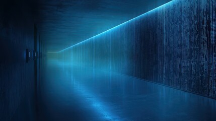 Immersive journey through a futuristic blue data corridor, visualization of information flow