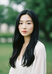 Obraz premium Portrait of a Young Asian Woman with Dark Hair Outdoors - Natural Beauty, Elegance, and Serenity.