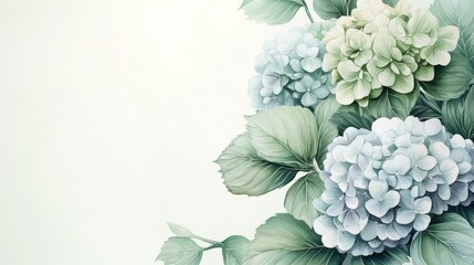 green watercolor hydrangea on white backdrop. painting flower background. illustration floral nature. Anemone flower wallpaper for greeting cards weddings or birthdays. Copy space. space for text