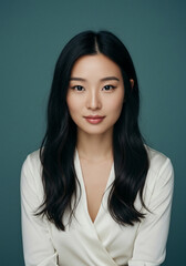 Portrait of a Beautiful Asian Woman, Professional, Elegant, Smiling, Studio Shot, Teal Background.