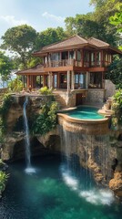 Naklejka premium Luxury Bali beach resort home with waterfalls, balconies, pools, staircases