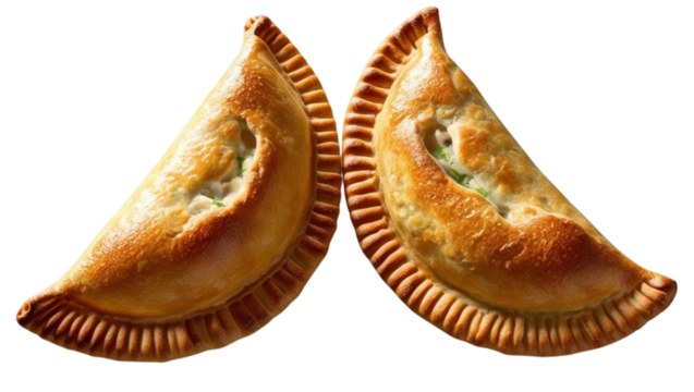 Golden-brown baked empanadas with crimped edges on a black background, highlighting their glossy, appetizing texture