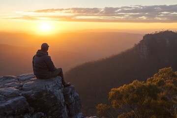 Person Sitting Peacefully on Mountain Peak Watching Sunset