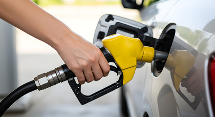Close Up of Person Refueling Car at Gas Station with Yellow Nozzle Outdoor During Daylight