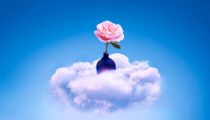 Eine Vase mit einer einzigen rosa Rose ragt aus einer schwebenden Wolke hervor,  blauer Hintergrund, magische Atmosphäre