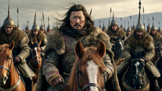 Genghis Khan leads his Mongol horde across the vast steppes, embodying the spirit of conquest in the early 13th century while displaying unmatched leadership on horseback