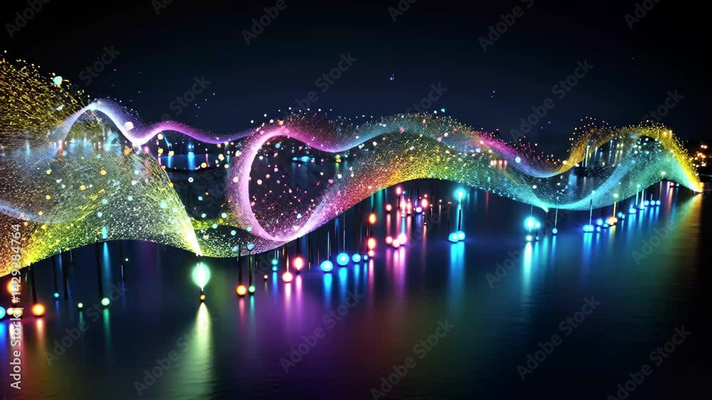 Poster an artistic representation of colorful data flowing through a dark space, creating vibrant waves and