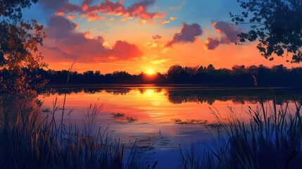 Serene sunset reflection on lake. Sky with orange clouds. Use nature wallpaper