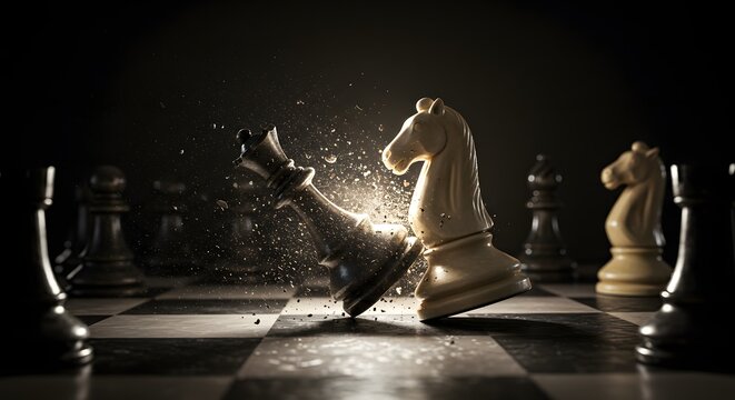 Decisive Move: White Knight Capturing Black Queen in Chess Game
