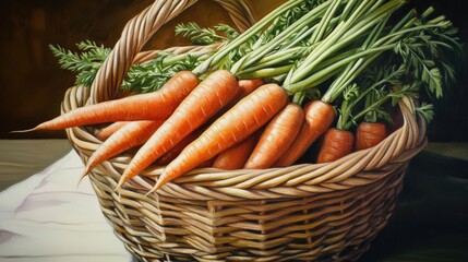 Fresh carrots in a rustic wicker basket.