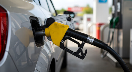 Close Up of Yellow Fuel Nozzle Filling A Silver Car At Outdoor Gas Station