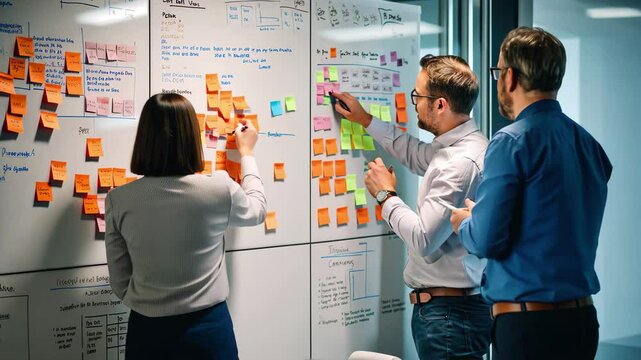Startup team members collaborate on innovative ideas during a brainstorming session in an office, surrounded by brainstorming materials on a whiteboard