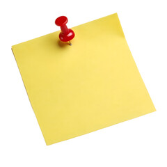 Yellow sticky post-it note with red pushpin isolated on transparent background