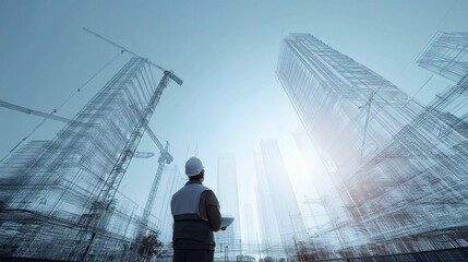 Engineer Observes Wireframe Structure on Construction Site
