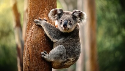 koala clinging to a tree in a forest setting