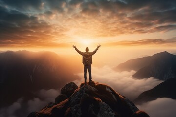 Fototapeta premium Human silhouette triumphantly on mountaintop at sunrise