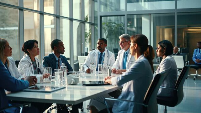 Healthcare professionals in a modern conference room discussing strategies for improving patient care in a collaborative session at a hospital during the afternoon