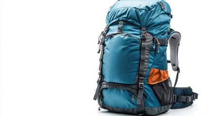 Naklejka premium Durable waterproof hiking backpack with adjustable chest and waist straps, featuring a rain cover, isolate on white background