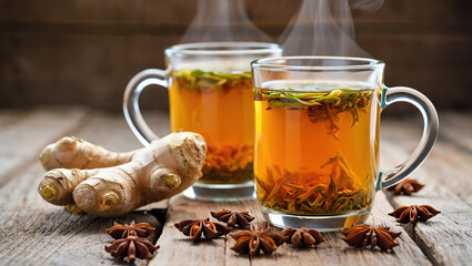 Fototapeta premium Two steaming glasses of herbal tea infused with fresh ginger and dried herbs, evoking warmth, wellness, and natural relaxation in a soothing setting.