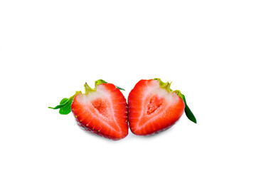 cut halves of fresh strawberries on white background