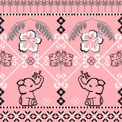 A seamless pixel art pattern featuring cute elephants, hibiscus flowers, and tribal elements in pink tones. Ideal for textiles, kids' products, and folk-inspired digital designs.
