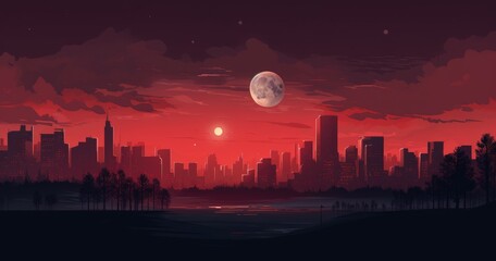 a night sky with a big red moon, city landscape, 16 bit style,