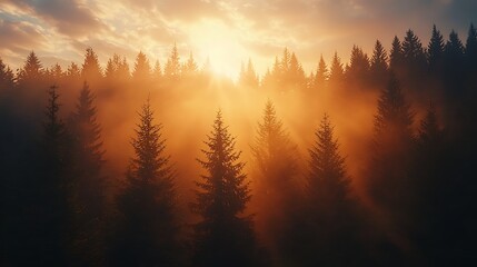 Golden sunrise through a misty forest