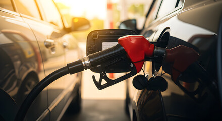 Fueling Dark Car at Gas Station with Red Nozzle in Sunlight Automotive Industry and Service Close Up
