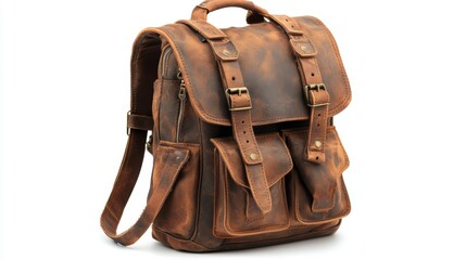 Stylish vintage leather backpack with adjustable straps, a spacious main compartment, and exterior zip pockets, isolate on white background