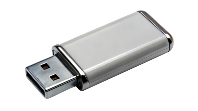 Silver and white USB flash drive for data storage and transfer