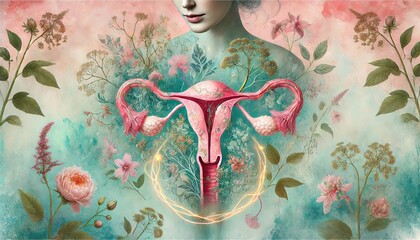 A surreal female figure with uterus and ovaries entwined in flowers, symbolizing femininity, fertility, and natural beauty. Generated AI.