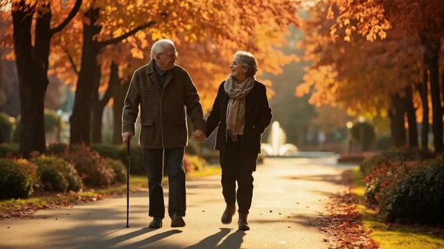 A couple of older people are walking down a path in the fall