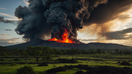 Volcano Eruption in Lush Green Landscape with Ash Cloud