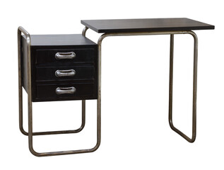 This elegant desk showcases Bauhaus style with its minimalist design, featuring three drawers and a sturdy metal frame, creating a perfect addition to any contemporary office environment.