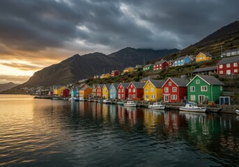 Fototapeta premium Colorful waterfront village with mountain backdrop at golden hour