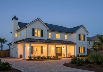 Coastal mansion with navy trim and palm trees at twilight glow