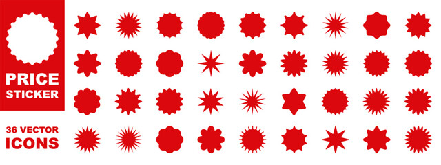 Set of red price sticker, sale or discount sticker, sunburst badges icon. Stars shape with different number of rays.