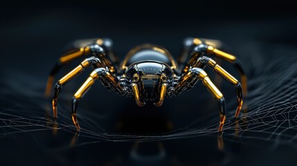 A spider with gold legs and a gold head is standing on a black background