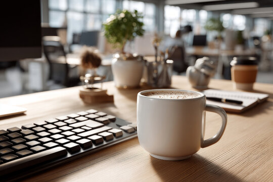 Coffee cup and keyboard on wooden desk in modern office