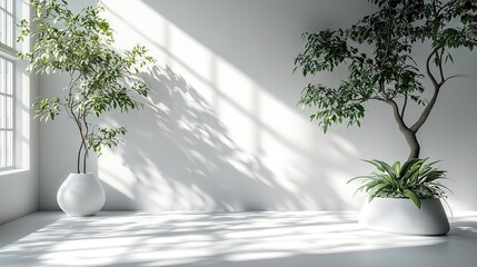Sunlit Minimalist Interior with Potted Plants and Window Shadows