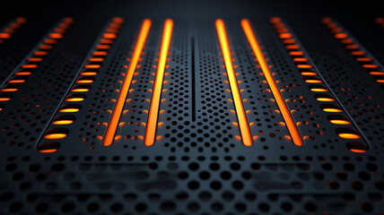 Server Rack Unit with Perforated Metal, Orange LED Lighting, Dark Tone