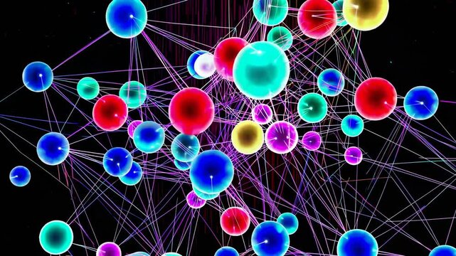 Colored circles and spheres are set against a black background in an interactive data visualization featuring vibrant points