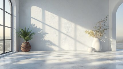 Sunlit Minimalist Room with Arched Windows and Plants