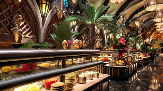 Explore the lavish buffet restaurant featuring an array of culinary delights, stunning decor, and palm trees reminiscent of Las Vegas, perfect for a lively dining experience