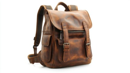 Classic leather backpack with spacious compartments, exterior zip pockets, and adjustable shoulder straps, isolate on white background