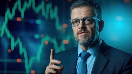 Engaging man with glasses and beard points at informative content in dynamic presentation